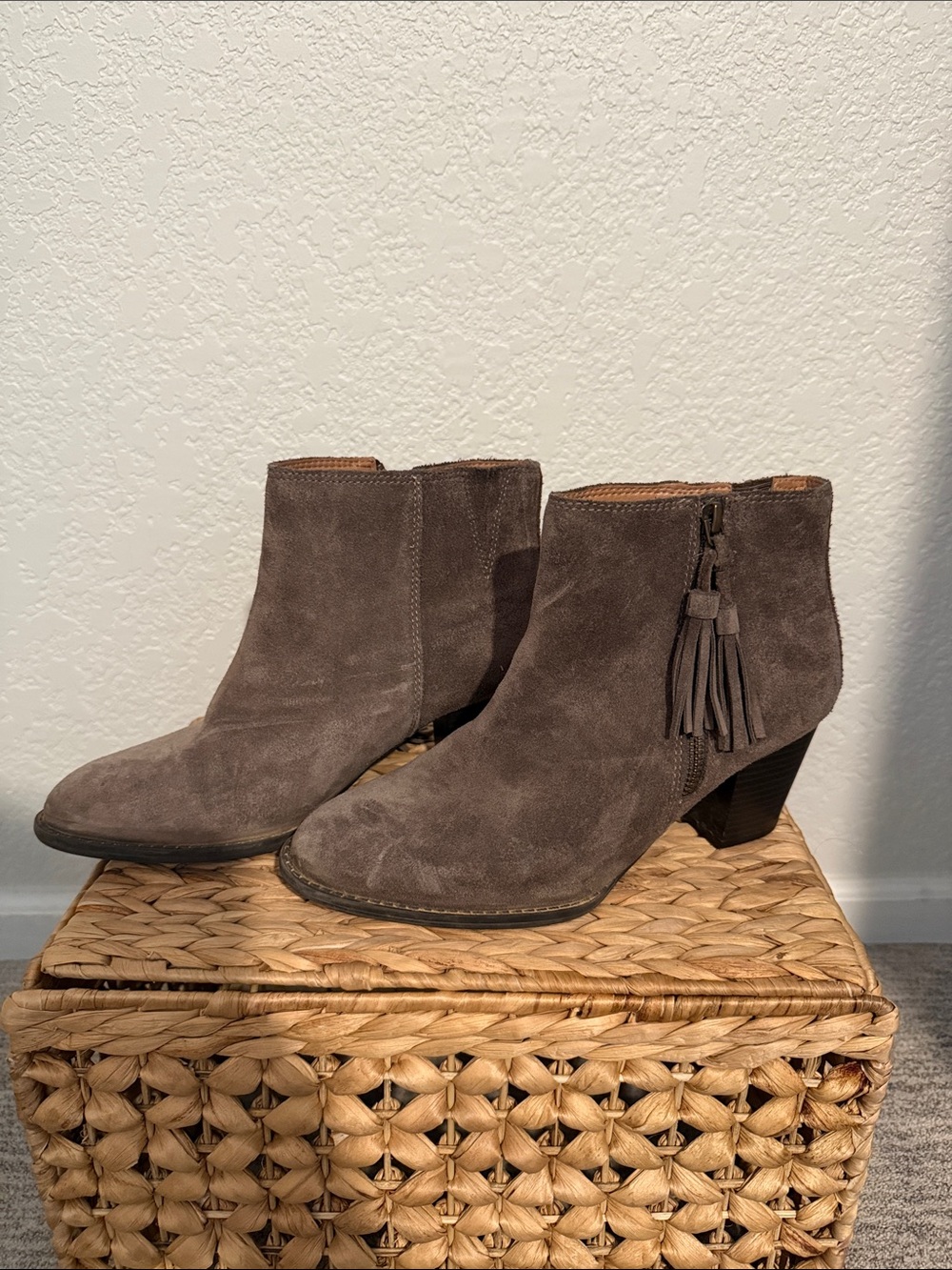 Vionic Greyish Brown Suede Ankle Booties with Tassel Accent